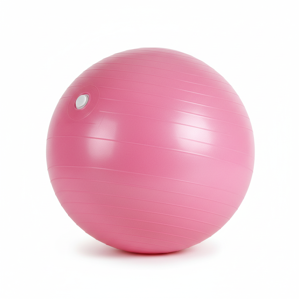 Pink exercise yoga ball angled view on white background
