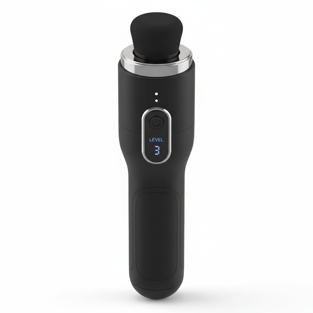 Compact handheld muscle massager front view on white background
