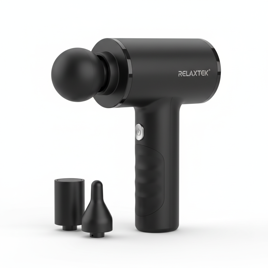 Compact handheld muscle massager angled view on white background