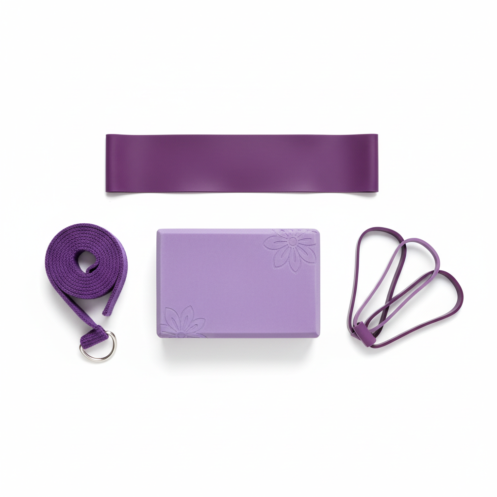 Deluxe yoga 5-piece exercise set flat lay on white background