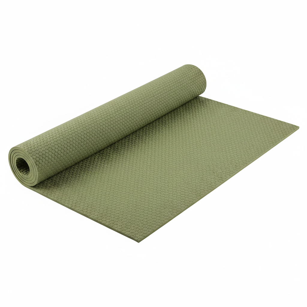 Large yoga fitness mat partially rolled on white background