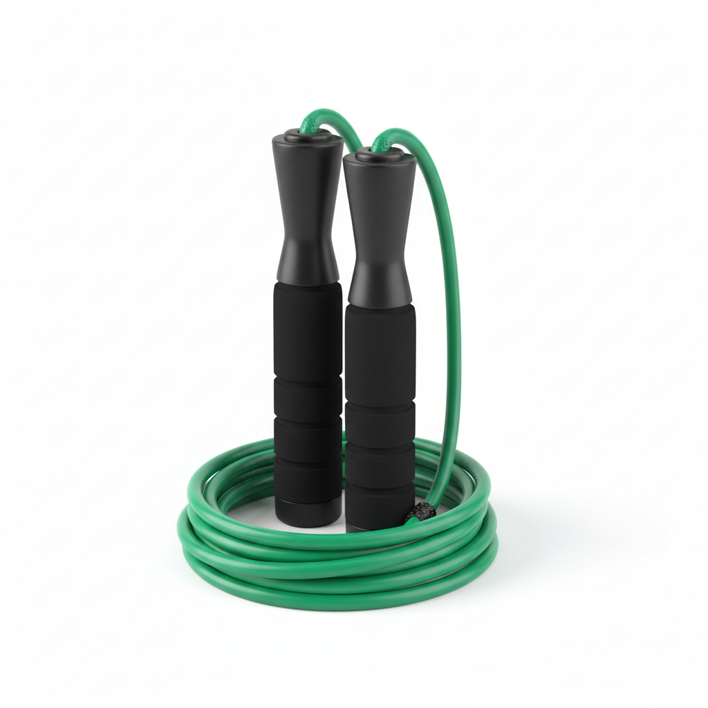 Green PVC jump skipping rope handles view on white background