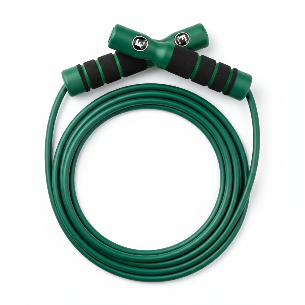 Green PVC jump skipping rope loop view on white background
