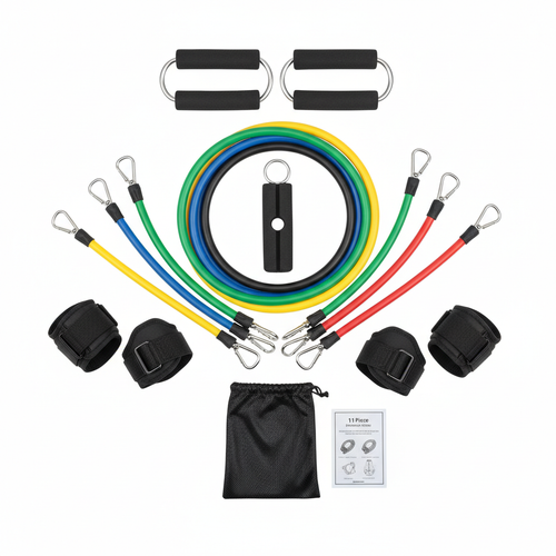11Pcs fitness resistance band set front view on white background