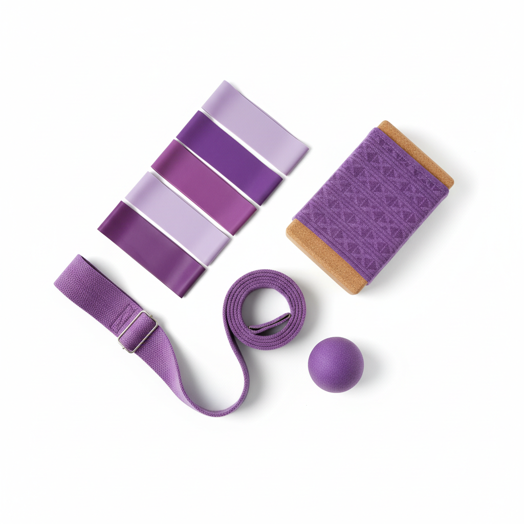 Deluxe yoga 5-piece exercise set overhead view on white background