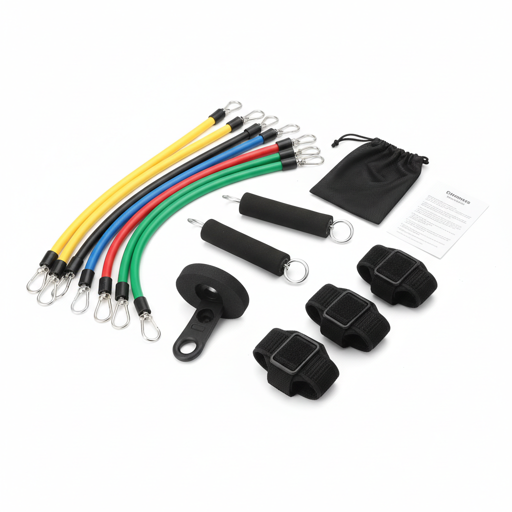 11Pcs fitness resistance band set overhead view on white background